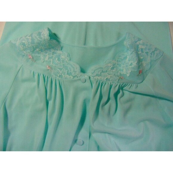 Vintage Shadowline Green Nylon Long Robe M Lace Embroidered Yoke Button Front - Picture 8 of 13